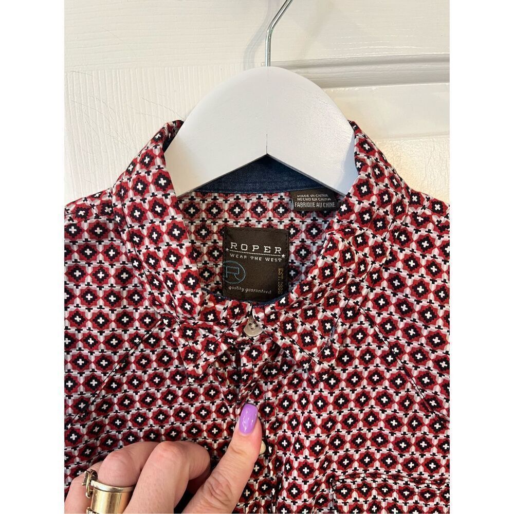 Roper Girls Pearl Button Snap Red & Black Abstract Flower Shirt sz L 12-14 EUC
